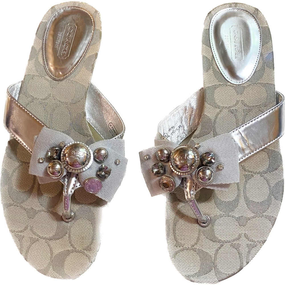 ♥️💖 Coach Sylvia Dressy Sandals Silver Ribbon Bow Snaps Stones Leather Canvas